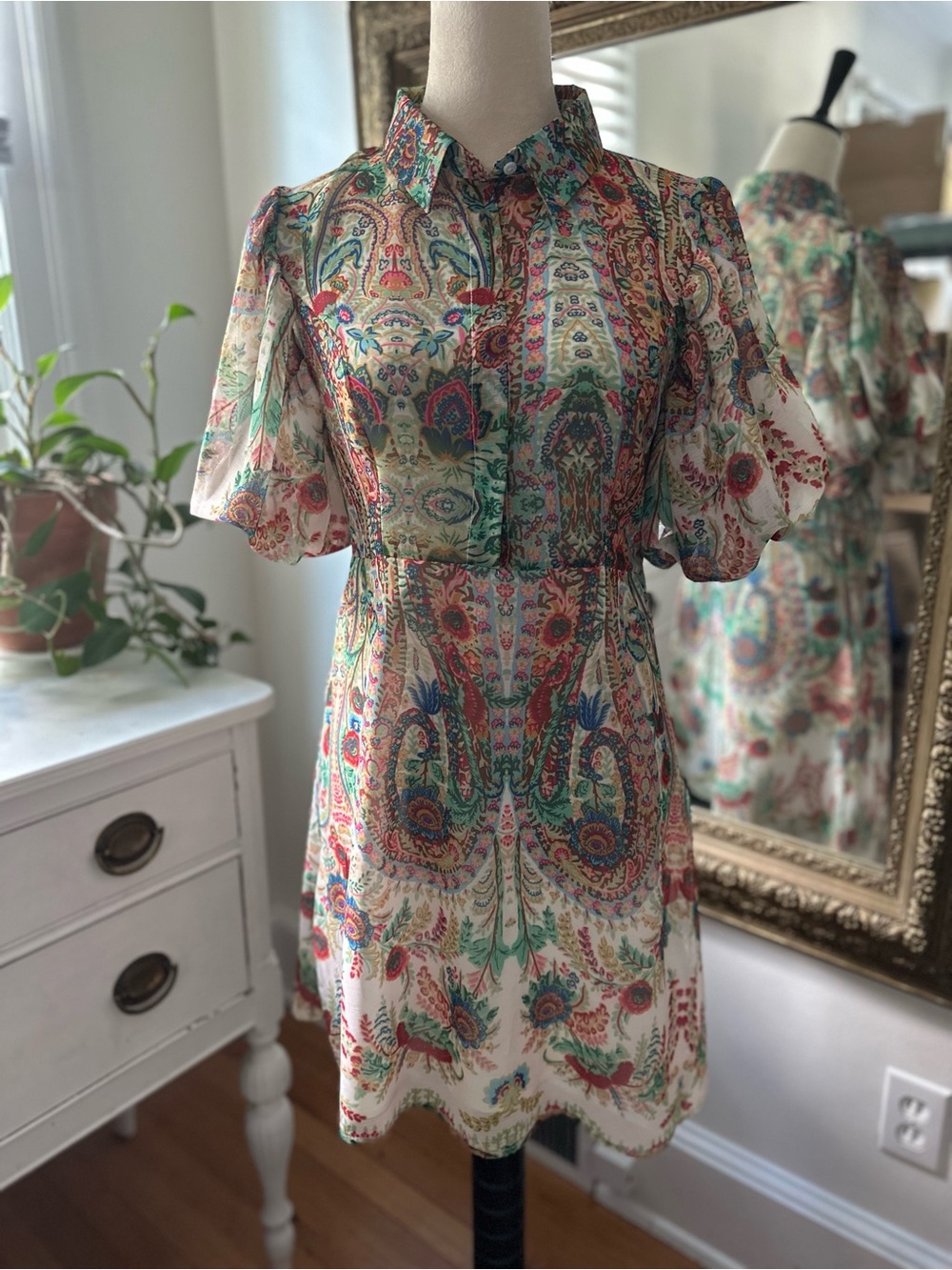 Sunday Up Anthropologie dress colorful sheer puff sleeves short floral garden L
